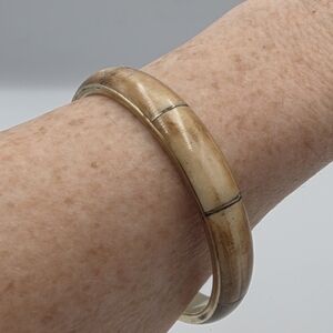 Vintage Brass & Faux Wood Inlay Bangle Bracelet